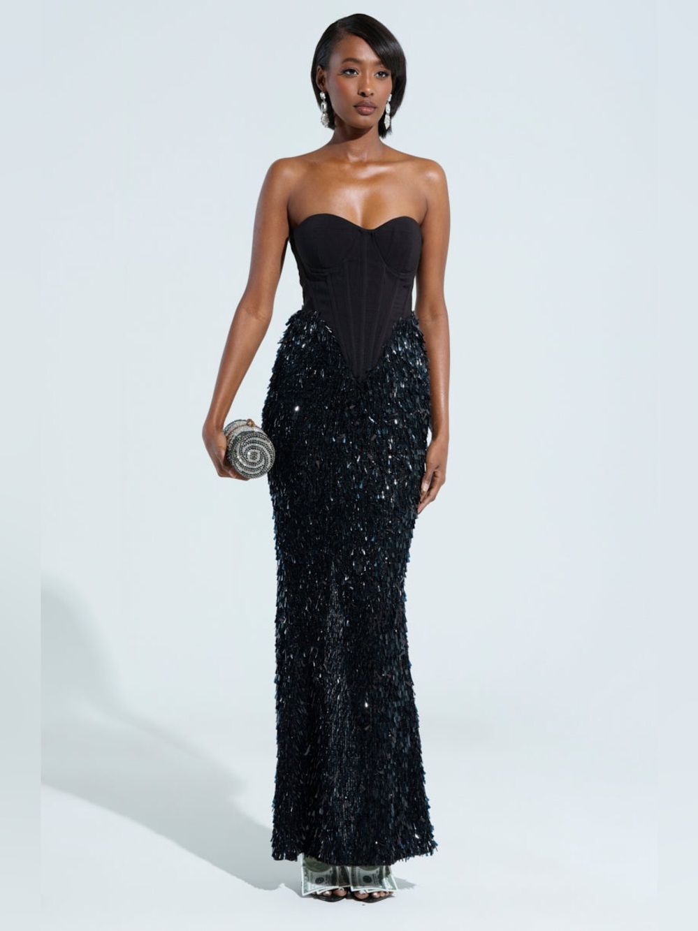 AKIRA Black Strapless Corset Sequin Fringe Gown